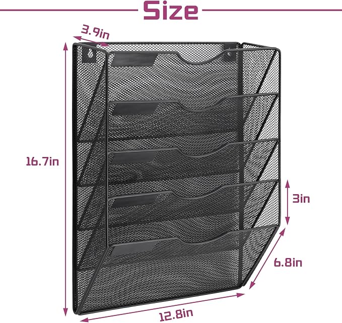 5 Pockets Mesh Wall File Holder Organizer Office Hanging File Folder Magazine Rack, Nametag Label Hooks Set Included (Black)