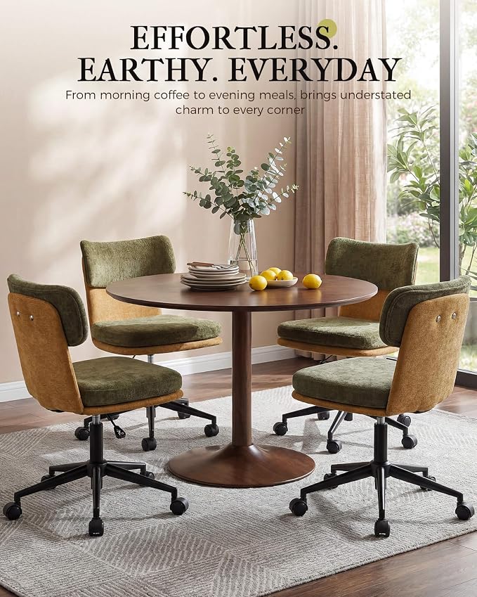 COMHOMA Home Office Desk Chairs with Ergonomic Curved Backrest, Mid Century Modern Vanity Chair with Wheel for Bedroom, Chenille Upholstered, Green