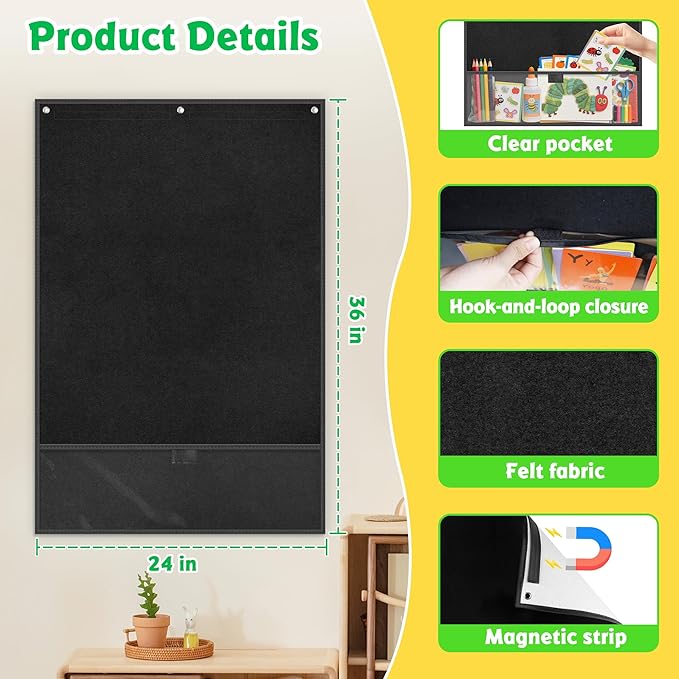 24"x36" Felt Board for Classroom & Home - Flannel Story Board with Magnets, Transparent Pocket & 30 Self Adhesive Dots | Interactive Learning, Visual Schedule, Storytelling for Teachers & Kid