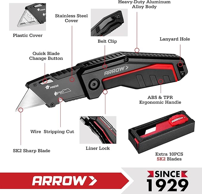 ARROW Folding Utility Knife, Quick-Change Box Cutter with Belt Clip, Liner Lock, Heavy Duty Aluminum Razor Knife with Comfortable Handle, 10 Extra SK2 Blades Included