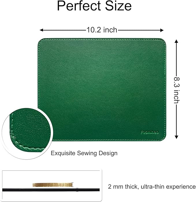 Leather Double Side Mouse Pad With Stitched Edge - Waterproof Ultra Thin for Computers, Laptop, Office & Home, 10.2 x 8.3 Inch, 1 Pack (Dark Green)