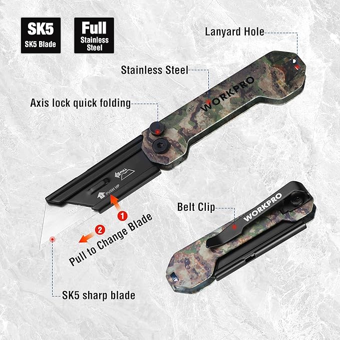 WORKPRO EDC Folding Utility Knife, Mini Box Cutter with Quick Open Axis Lock, Quick Change Blade Razor Knife, Foldable Small Pocket Knife with Belt Clip, 1 Pack with 10 Extra Blades