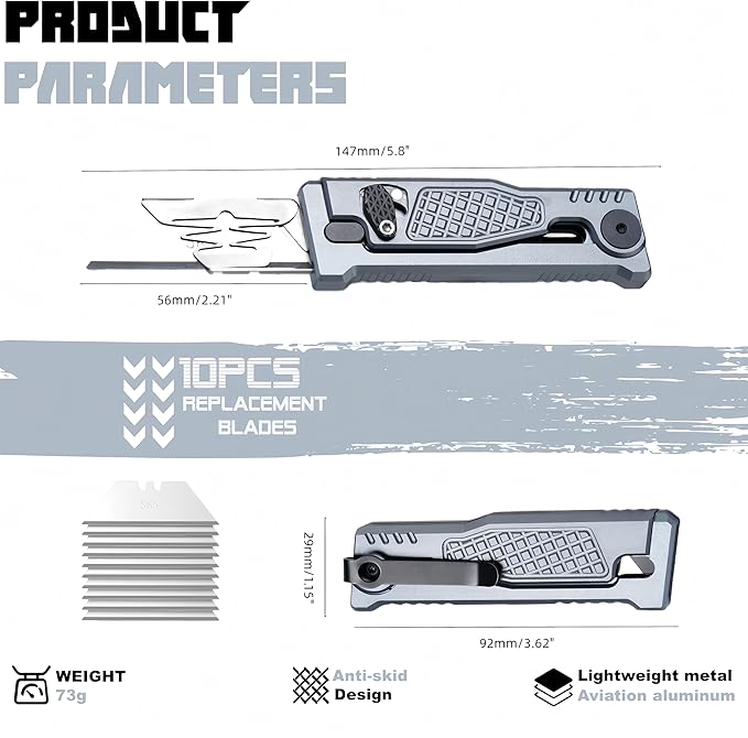 5.8" Aluminium Utility Knife, EDC Box Cutter with Clip, CNC Unibody, Lightweight All Metal Folding Box Cutter, Ideal Gifts for Men Women, with 10 Extra Blades（Grey）