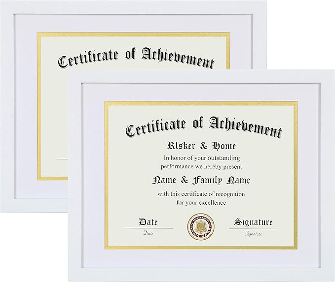 ELSKER&HOME 8.5x11 Certificate Frame - Classic White Color Frame - Displays Diploma 8.5x11 Inch with Mat - 11x14 Inch Without Mat - For Document/Photo (2 Pack, Matte White with Gold Rim)