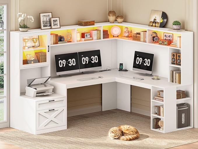 SEDETA Farmhouse L Shaped Office Desk with Drawers (White, l Shaped Desk with Double Hutch)