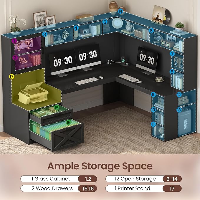 SEDETA Farmhouse L Shaped Computer Desk with Double Hutch, Storage Drawers | 68" Large L Shaped Corner Gaming Desk with LED Lights, Shelves, Display Cabinet, Power Outlet for Home Office, Black