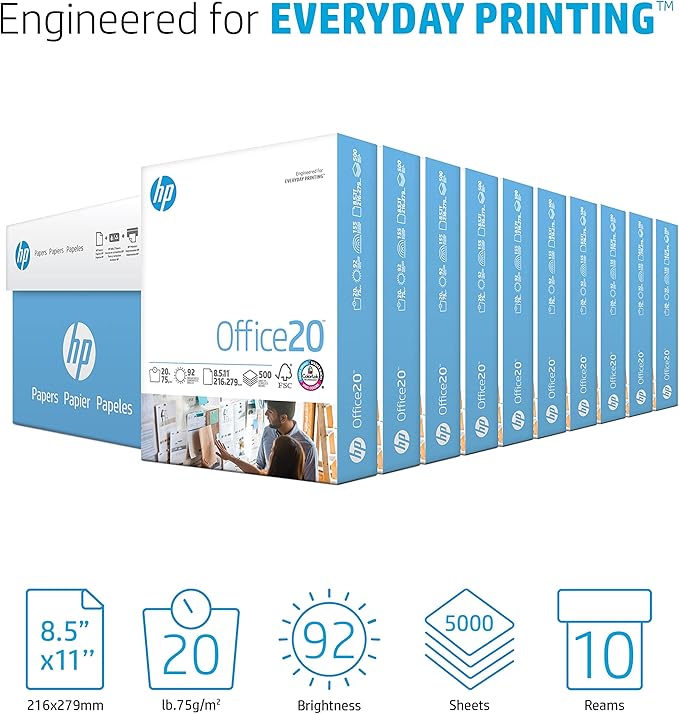 HP Printer Paper | 8.5 x 11 Paper | Office 20 lb |10 Ream - 5,000 Sheets | 92 Bright | Made in USA - FSC Certified | 112101C