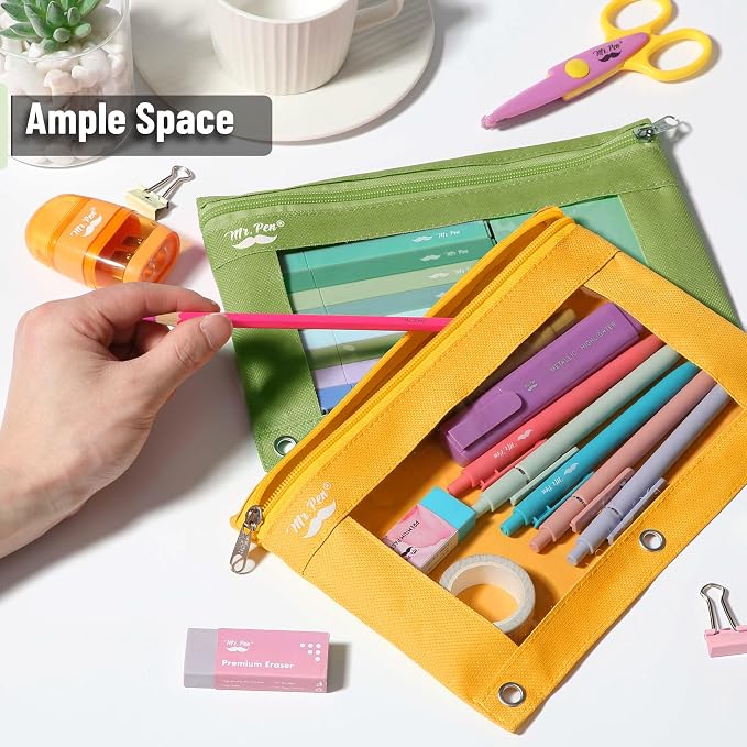 Mr. Pen- Pencil Pouch for 3 Ring Binder, 2 Pack, 10"x6.75", Smooth Zipper | Clear Window, Large Capacity Pencil Case with 3 Reinforced Grommets for School, Office, Supplies Storage | Clear Window, Large Capacity Pencil Case with 3 Reinforced Grommets f...