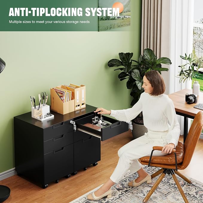 3 Drawer Mobile File Cabinet with Lock,Under Desk Metal Small Filing Cabinets for Home Office Organizer Letters/Legal/A4(Fully Assembled Except Wheels-Black)
