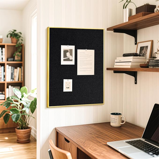 Linen Bulletin Board, 36"x24" Decorative Fabric Pin Board Vision Board | Gold Aluminum Frame, Upgraded Black Canvas Surface, Wall Mounted, for Home Office Bedroom Dorm Wall Decor