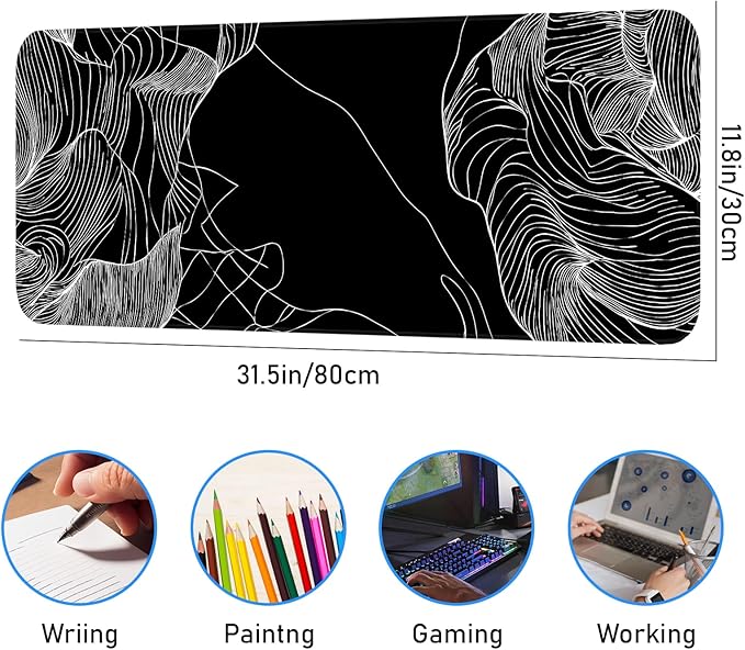 Line Mouse pad, Gaming Mouse pad, Waterproof, Non-Slip Rubber, Stitched Edges, Suitable for Computers, laptops, Home, Office, 31.5x11.8 inches, Black Terrain line