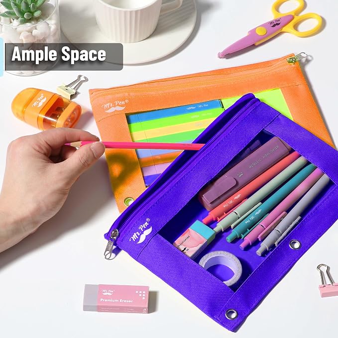 Mr. Pen- Pencil Pouch for 3 Ring Binder, 2 Pack, 10"x6.75", Smooth Zipper | Clear Window, Large Capacity Pencil Case with 3 Reinforced Grommets for School, Office, Supplies Storage | Clear Window, Large Capacity Pencil Case with 3 Reinforced Grommets f...