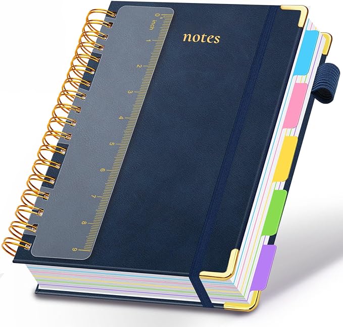 Hardcover Spiral Notebook 8"x10" Journal Notebook with Tabs and Removable Dividers 300 Pages 5 Subject Notebook College Ruled, Faux Leather Spiral Bound Notebook for Women School Work (Dark Blue)
