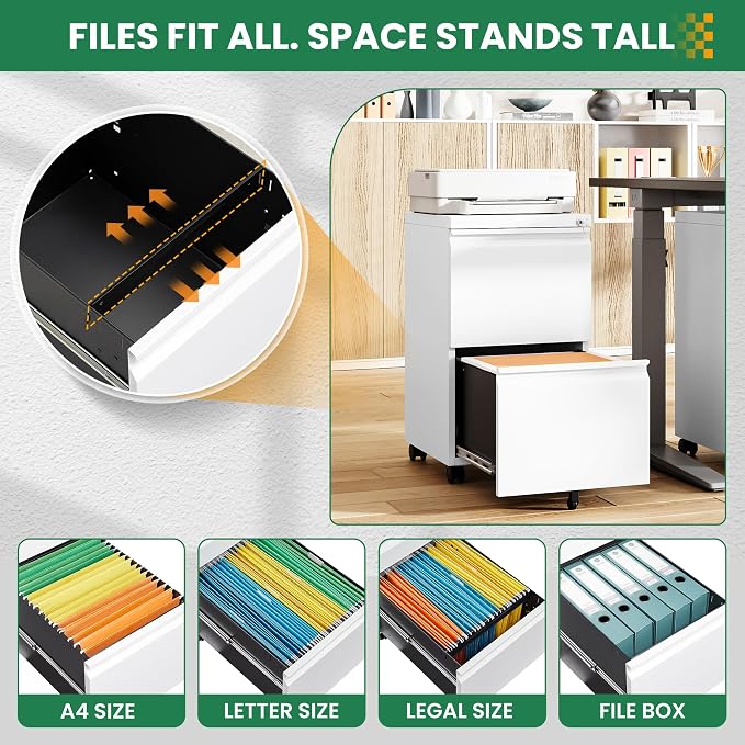 2 Drawer File Cabinet with Lock, Small Rolling Filing Cabinet for Home Office, Printer Stand, 2 Drawer Under Desk Filing Cabinet with Wheels for Legal/Letter/A4 (Fully Assembled,White)