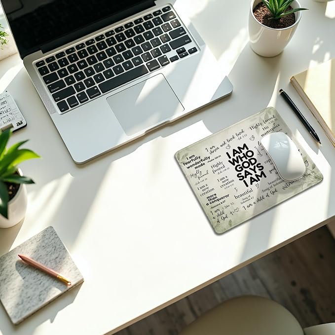 God Says I Am Christian Desk Mouse Pad 9.5x7.9 Inch (Green) | Green floral God Says I Am Bible verse mousepad for office dorm computers, Christian desk decor and faith gifts for women