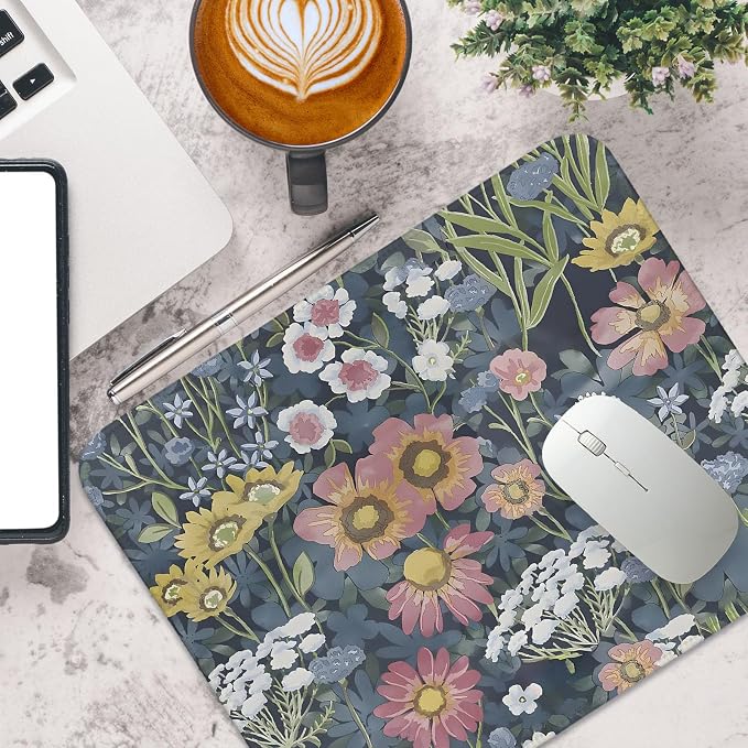 Flroal Mouse Pad, Blue and Pink Small Mousepad, Rectangle Flower Travel Computer Mouse Pads for Laptop, Flroal Computer Mouse Pad Green Summer Spring Desk Mat for Women Girls 11.8x9.8