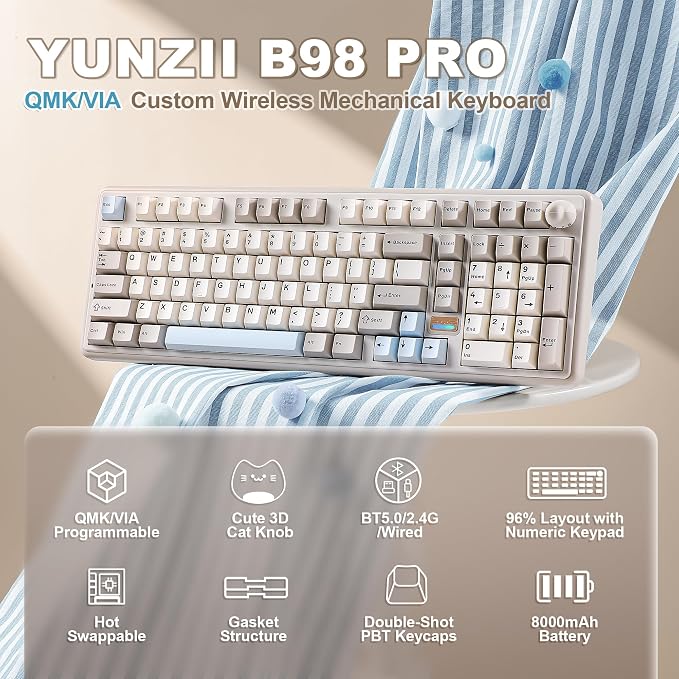 YUNZII B98 PRO 96% Wireless Mechanical Keyboard (Beige, Milk Switch) | QMK/VIA, with Numpad, Dual-Style Knob Design, Creamy Pre-Lubed Switches, Hot Swap, Gasket Mount, RGB for Gaming/Win/Mac