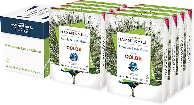 Hammermill Glossy Paper, Laser Gloss Copy Paper, 8.5 x 11-8 Pack (2,400 Sheets) - 94 Bright, Made in the USA Glossy Printer Paper, 163110C
