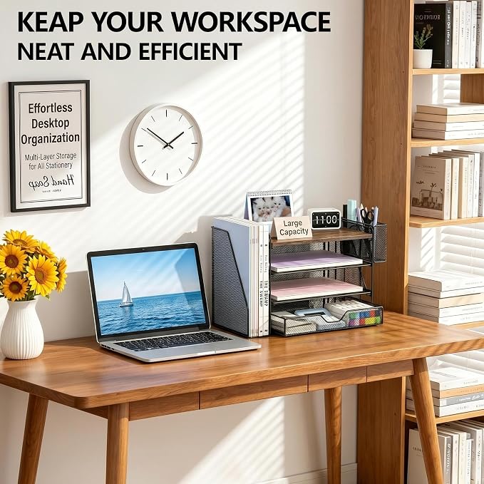 Desk Organizers and Accessories, 4-Tier Desktop File Organizer with Drawer and Pen Holders, Office Desk Accessories Workspace Organizers for Office Supplies (Brown)