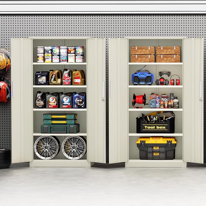 Incbruce 72” Metal Storage Cabinet, Locking Steel Storage Cabinets with 2 Doors and 4 Adjustable Shelves, Tall Lockable Tool Storages for Garage, Home, Office (Grey)