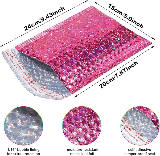30 Pieces Holographic Bubble Mailers Padded Mailer Holographic Bubble Mailers Padded Envelopes Self Sealing Cushion Envelopes for Mailing, Shipping and Packing(Rose Red, 9.5 x 6 Inch)
