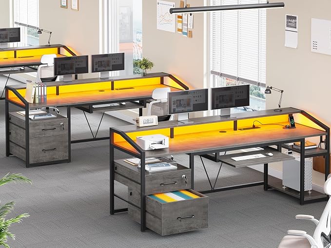 SEDETA 63" Computer Desk, Office Desk with Lockable Drawers for Legal/Letter File, Gaming Desk with LED Lights & Power Outlet, Home Office Desks with Storage, Grey
