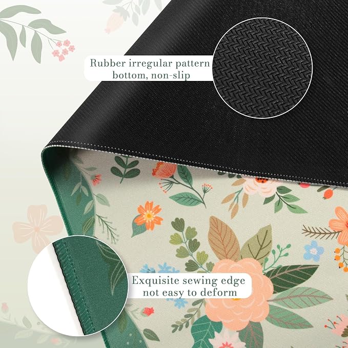 iCasso Floral Desk Mat for Keyboard and Mouse,Green Floral | Cute Gaming Mouse Pad,Anti-Slip Soft Lycra Surface Computer Mat Women,Girly Big Mousepad for Home Office