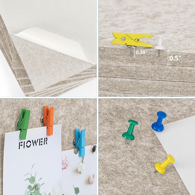 AKTOP Cork Bulletin Board 12x12, 1/2" Thick Felt Cork Board Tiles 6 Pack, Small Square Pin Board for Wall, Self Adhesive Corkboards with 60 Push Pin Wood Clips for School, Home & Office, Latte