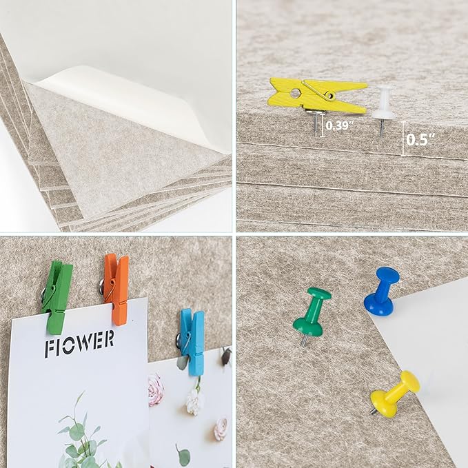 AKTOP Cork Bulletin Board 12x12, 1/2" Thick Felt Cork Board Tiles 6 Pack, Small Square Pin Board for Wall, Self Adhesive Corkboards with 60 Push Pin Wood Clips for School, Home & Office, Latte