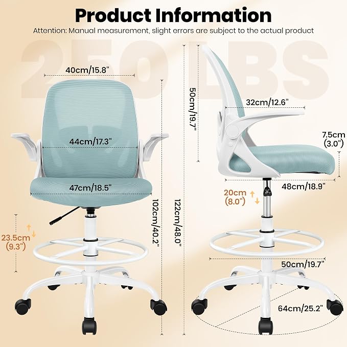 Drafting Chair Tall Office Chair with Flip-up Armrests Executive Ergonomic Computer Standing Desk Chair with Lumbar Support and Adjustable Footrest Ring（Light Blue）