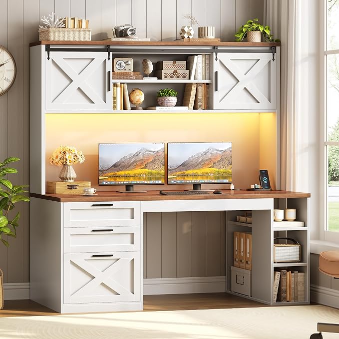 SEDETA 55.1" Farmhouse Desk with Hutch & 3 Storage Drawers | Executive Computer Desk with Storage Cabinet and Shelves, Home Office Desk with power outlet & LED Lights,White and Brown