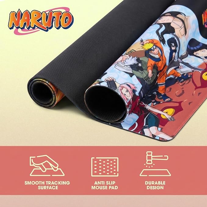 Naruto Large Gaming Mouse Pad 31"x15" XL Computer Desk Mat, Anime Keyboard | Oversized 31x15in Naruto anime gaming mouse pad, smooth fabric top, stitched edges, non-slip rubber base.