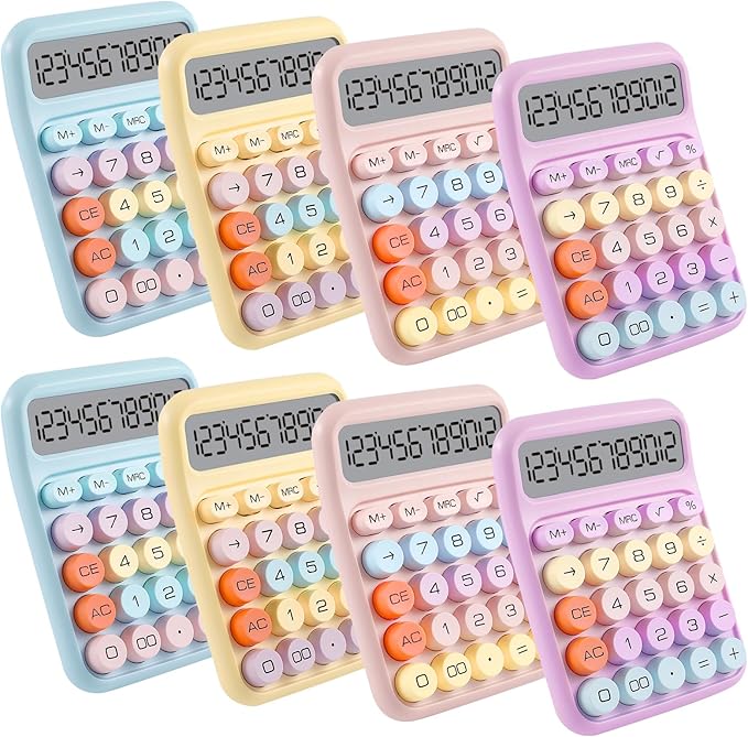 8-Pack Mechanical Keypad Calculator with Big Buttons for Students, Teachers | 12-Digit Large LCD Display, Cute Pastel Color Calculators, 15° Tilt Design, Auto Off