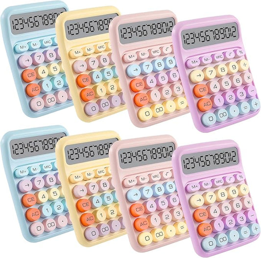 8-Pack Mechanical Keypad Calculator with Big Buttons for Students, Teachers | 12-Digit Large LCD Display, Cute Pastel Color Calculators, 15° Tilt Design, Auto Off
