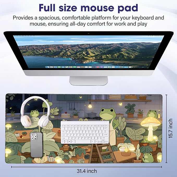 Professional Extended Gaming Mouse Pad - 31.5" x 15.7" Large Desk Mat with Stitched Edges, Waterproof Coating Non-Slip Rubber Base for Gamers Esports Pros Office Home, Frog02