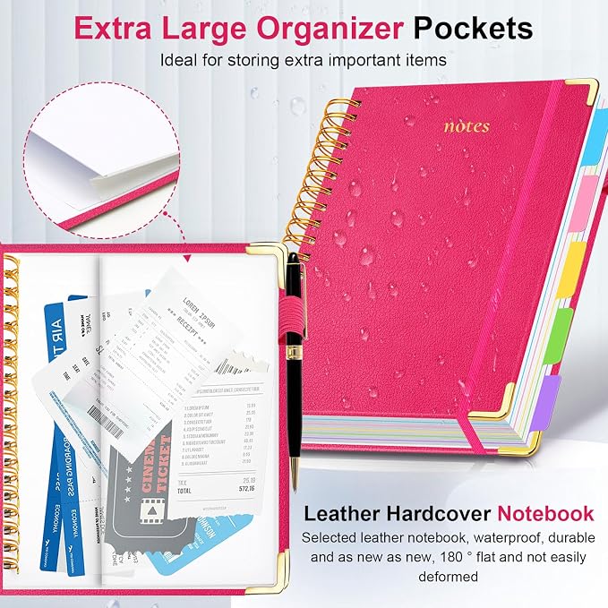 Hardcover Spiral Notebook 8"x10" Journal Notebook with Tabs and Removable Dividers 300 Pages 5 Subject Notebook College Ruled, Faux Leather Spiral Bound Notebook for Women School Work (Rose Red)