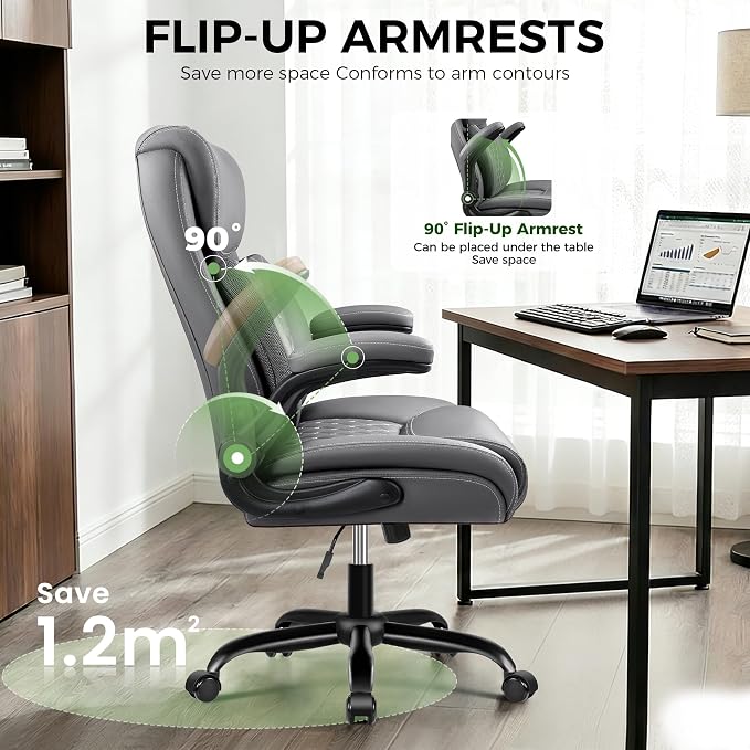 Office Chair, Ergonomic Executive Desk Chair with Lumbar Support for Lower Back Pain Relief, Padded Flip-Up Armrests, Leather Home Office Chair, Gray
