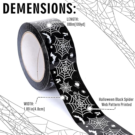 Whaline 109 Yard Halloween Packaging Tape Black Spider Web Bat Spider Pattern Tape Waterproof Shipping Tape for Small Business DIY Crafts Box Carton Decor