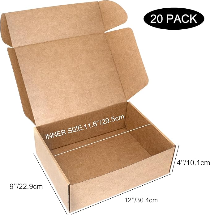 12x9x4 Shipping Boxes 20-Pack, Brown Corrugated Cardboard Boxes for Mailing, Shipping & Small Business Packaging