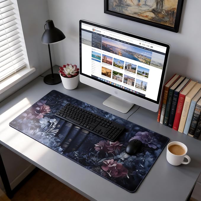 Floral Aesthetic Book Gaming Mouse Pad, Purple Dark Romanticism Desk Mat with Anti-Slip Base & Stitched Edges,35.4" x 15.7" in Table Mat for Computer Desktop, Beautiful Workstation Decor
