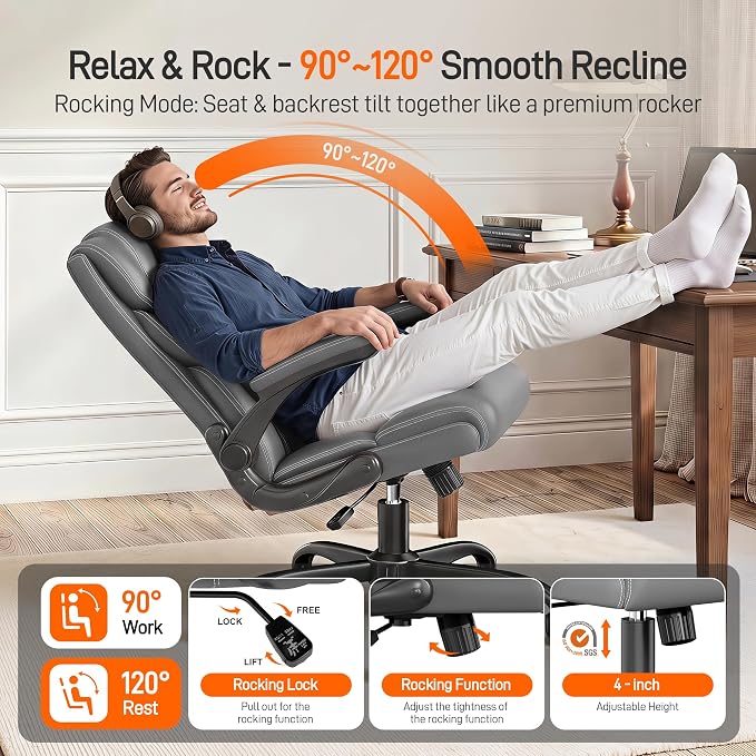 Office Chair, Executive Mid-Back Computer Desk Chair with Flip-up Armrests | 300 Lbs Ergonomic Leather Swivel PC Chair with Rock Function for Working Studying (Gray)