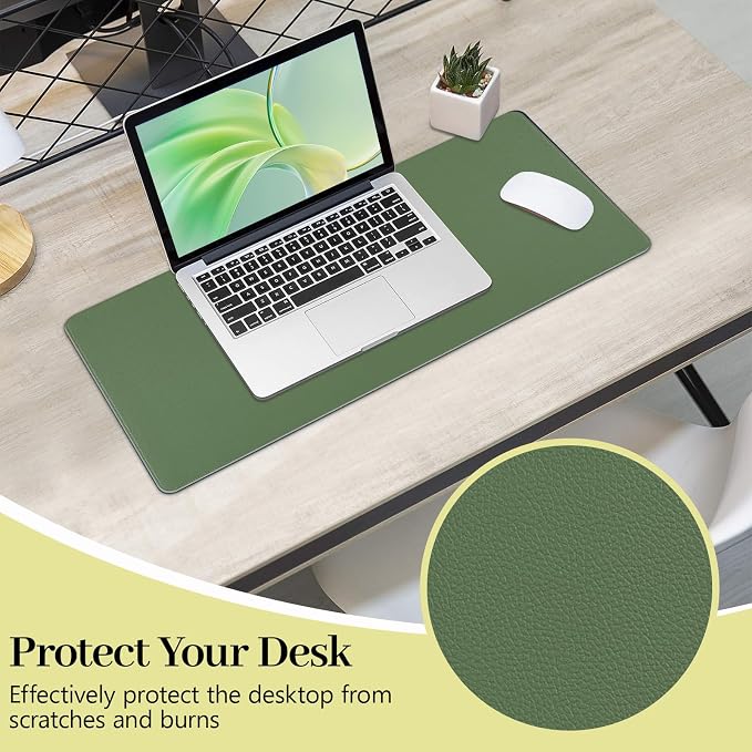 Green Leather Desk Pad Large Mouse Pad, 23.6"x13.8" | Waterproof Desk Mat for Keyboard and Mouse, Non-Slip Computer Desk Protector, Smooth Mouse Control for Home Office