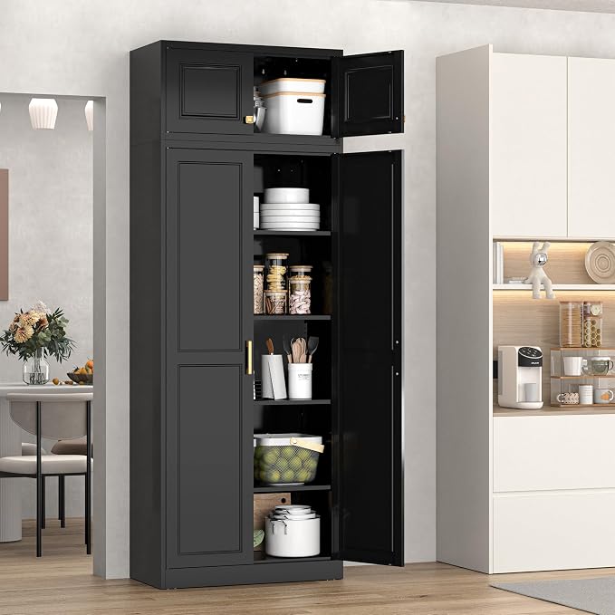 86" Tall Pantry Cabinet, Metal Storage Cabinet with Doors | Kitchen Cabinet with 4 Adjustable Shelves, White Freestanding Cupboard for Kitchen, Garage, Living Room, Home Office, School