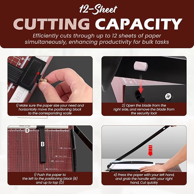 Guillotine Paper Cutter Heavy Duty, 18" Cut Length Wooden Paper Trimmer Cuts 12 Sheets, Accurate & Safe Paper Slicer Cutter for Cardstock, Photos, Crafts, Office, Home & Classroom