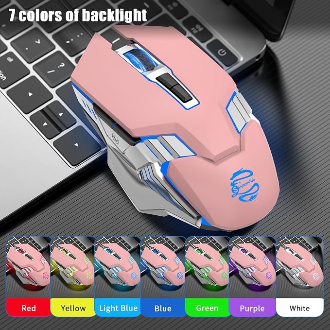 Wireless Mouse Bluetooth, Silent Rechargeable Multi-Device Mouse, BT5.0/3.0 and USB Cordless Computer Mice, RGB Light up Gaming Mice for Laptop PC Mac Macbook Air/Pro iPad Tablet Office Games -Pink | BT5.0/BT3.0+2.4G connection, RGB backlight & quiet c...