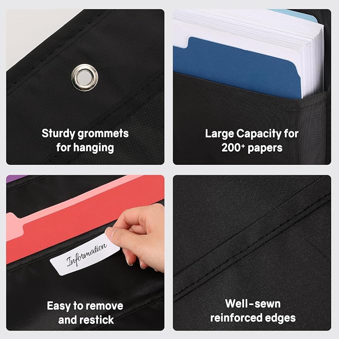 SUNEE 30 Pockets Hanging Wall File Organizer, Black Storage Pocket Chart for File Folder and Paper, Space Saver for Office and Classroom, with Wall Hangers, Over The Door Hooks, Labels