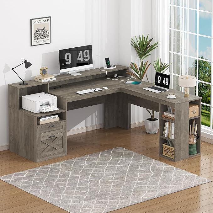 63" Farmhouse L Shaped Desk with Drawers & Storage Shelves for Home Office | Corner Desk with Power Outlets & LED Lights, L-Shaped Office Desks with File Drawer, Printer Shelf, Monitor Stand, Grey