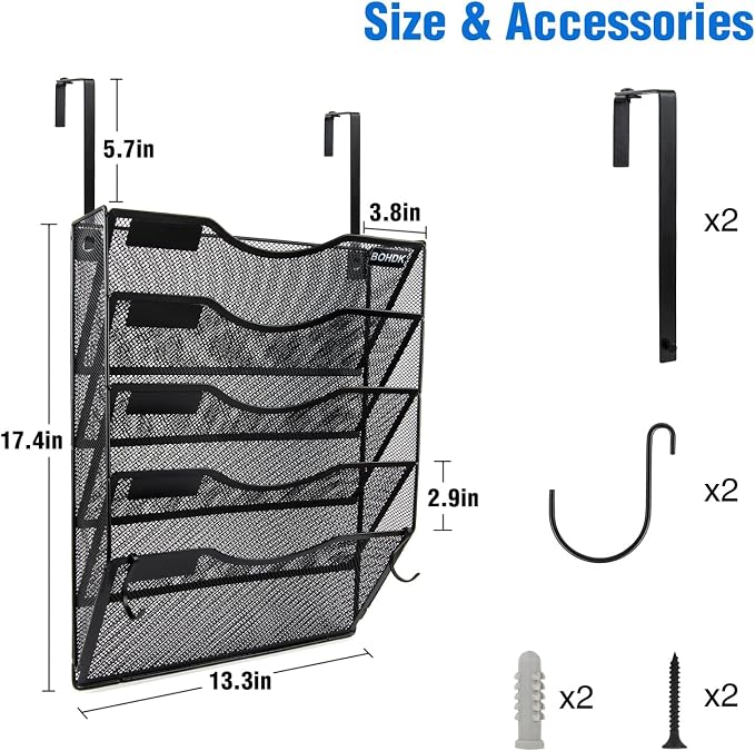 BOHDK Wall File Organizer, 5 Tire Hanging File Folder Mail Organizer, Vertical Mesh Metal Door/Wall Mount Hanging File Holder, Paper Document Magazine Rack with Hooks for Home Office Black