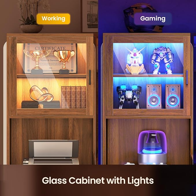 SEDETA Farmhouse L Shaped Office Desk with Double Hutch, Storage Shelves | Computer Desk with Storage Shelves and Power Outlet, Corner Gaming Desk with LED Light and Display Cabinet for Home Office