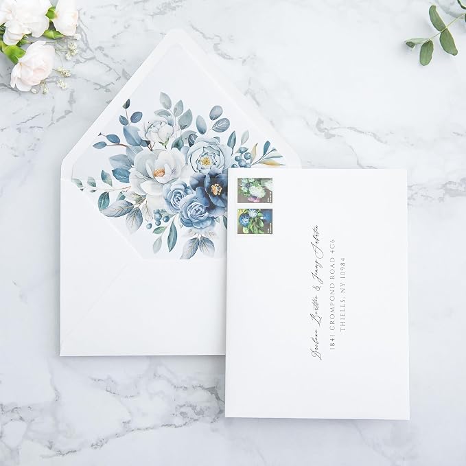 PONATIA 50PCS A7 Euro Flap Envelopes, 5.25 x 7.25'' Liner Envelope For 5x7'' Weddings Invitation Cards, Christmas Gift Cards, Acrylic Invitations, Photos (White & Dusty Blue)